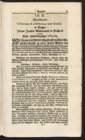 Lit. B. Mandatum Cassatorium & Inhibitorium cum Clausula ...