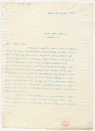 Brief an Fritz Jürgens : 23.10.1911