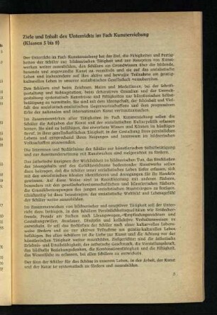 Ziele und Inhalt des Unterrichts im Fach Kunsterziehung (Klassen 5 bis 9)