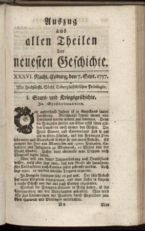 XXXVI. Nachl. Coburg, den 7. Sept. 1757.
