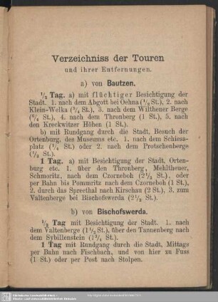 Verzeichniss der Touren und ihrer Entfernungen