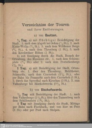 Verzeichniss der Touren und ihrer Entfernungen