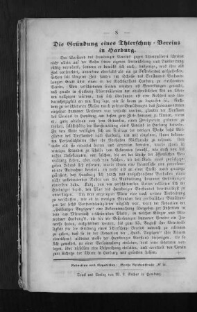 Die Gründung eines Thierschutz-Vereins in Harburg.