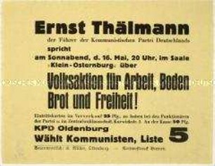 Aufruf der KPD zu einer Veranstaltung am 16. Mai 1931 in Oldenburg zur bevorstehenden oldenburgischen Landtagswahl
