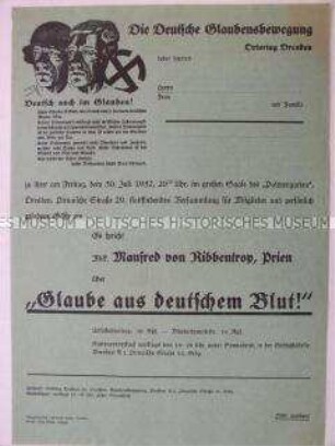 Propagandaflugblatt der Deutschen Glaubensbewegung mit dem Aufruf zu einer Versammlung