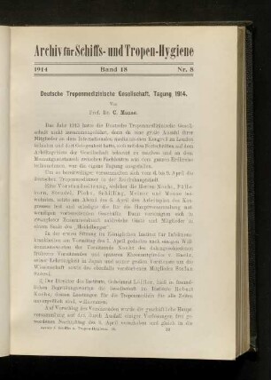 Deutsche Tropenmedizinische Gesellschaft, Tagung 1914