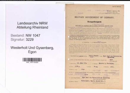 Entnazifizierung Egon Graf Von Westerholt Und Gysenberg , geb. 29.03.1910 (Forstwirt)