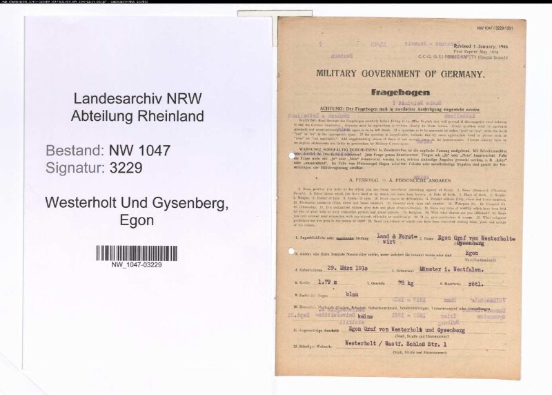 Entnazifizierung Egon Graf Von Westerholt Und Gysenberg , geb. 29.03.1910 (Forstwirt)