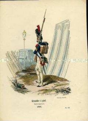 Uniformdarstellung, Gemeiner des Grenadier-Regiments der Kaiserlichen Garde, Frankreich, 1806.