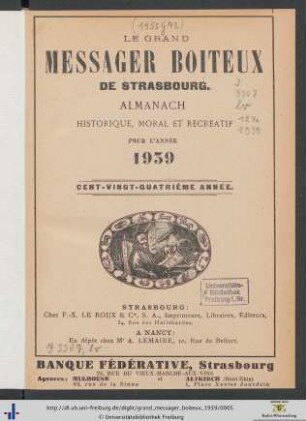 124. Année: Le grand messager boiteux de Strasbourg: Almanach Historique, Moral Et Recreatif Pour L'Année 1939
