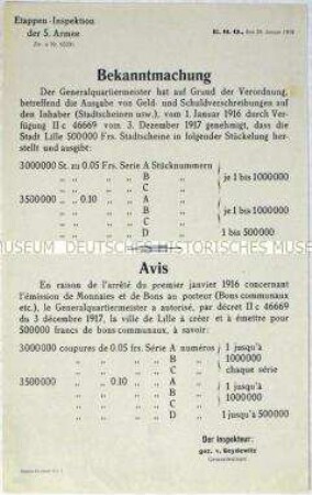 Bekanntmachung der Etappeninspektion der 5. Armee betreffend die Herstellung und Ausgabe von Stadtscheinen der besetzten Stadt Lille (französisch, deutsch)