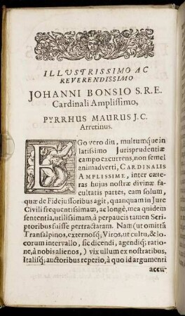 Illustrissimo Ac Reverendissimo Johanni Bonsio S. R. E. Cardinali Amplissimo, Pyrrhus Maurus J. C. Arretinus.