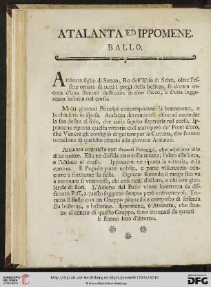 Atalanta ed Ippomene: ballo / Atalante et Hippomene: ballet