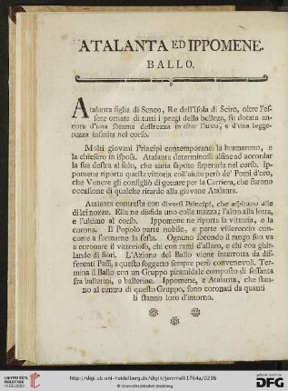 Atalanta ed Ippomene: ballo / Atalante et Hippomene: ballet