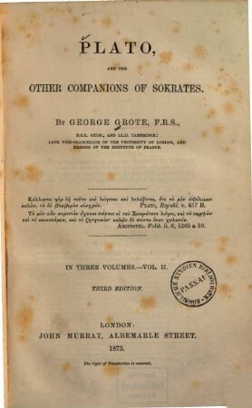 Plato, and the other companions of Sokrates : in three volumes, 2