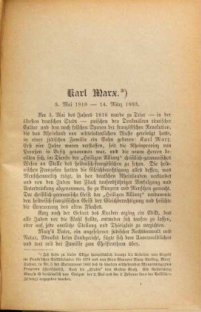 Karl Marx zum Gedächtniß : ein Lebensabriß und Erinnerungen ; unter Beigabe von 1 Portrait von Marx, der Abbildung seiner Grabstätte und 2 Facsimile-Wiedergaben von Briefen Marx' und Engels'