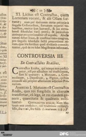 Controversia III. De Contractibus Realibus.