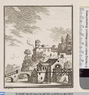 Landschaft mit Haus auf einer Abhöhe und Brücke