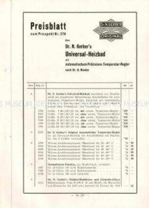Preisblatt zum Prospekt Nr. 276 über Dr. N. Gerber`s Universal-Heizbad mit automatischem Präzisions-Temperatur-Regler / Nr. 277