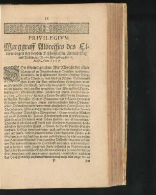 Privilegium Marggraff Albrechts des Eltern wegen der beyden Bischofflichen Embter Sitz und Besoldung ... Anno 1567.