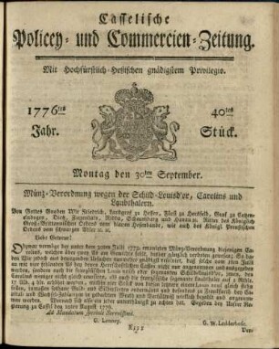 40tes Stueck, Montag den 30ten September 1776