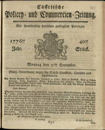 40tes Stueck, Montag den 30ten September 1776