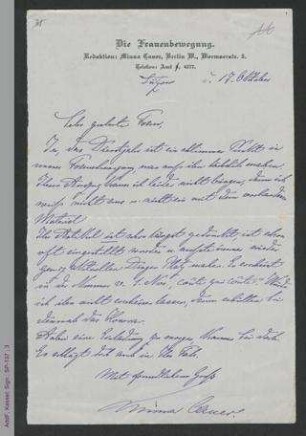 Brief von Minna Cauer an Grete Meisel-Hess, hs