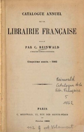 Catalogue annuel de la librairie française pour. 5