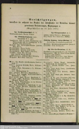 Berichtigungen, betreffend die während des Druckes des Adreßbuches der Redaktion bekannt gewordenen Veränderungen, Ergänzungen etc.
