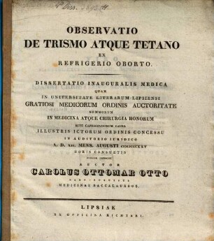 Observatio de trismo atque tetano ex refrigerio oborto : dissertatio inauguralis medica