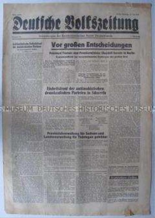 Tageszeitung der KPD "Deutsche Volkszeitung" u.a. zur Berliner (Potsdamer) Konferenz der Alliierten und zur "Antifaschistischen Einheitsfront der demokratischen Parteien"
