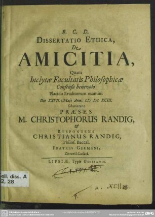 Dissertatio Ethica, De Amicitia