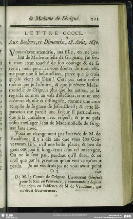 Lettre CCCCL. Aux Rochers, ce Dimanche, 18. Août, 1680