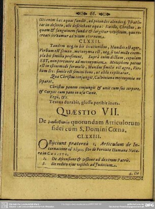 Quaestio VII. De [...] quorundam Articulorum fidei cum S. Domini Coena