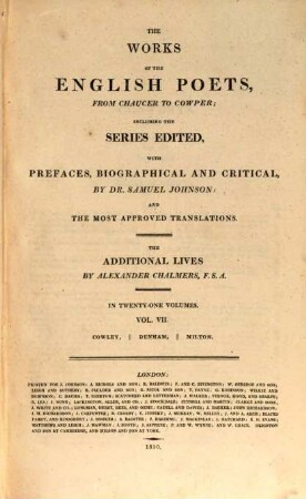 The works of the English poets, from Chaucer to Cowper : in 21 volumes. 7, Cowley, Denham, Milton