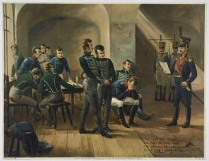 Französischer Offizier verkündet in Wesel elf Offizieren des Schill'schen Freikorps (Kavallerie) in einer vergitterten Wachstube das Todesurteil