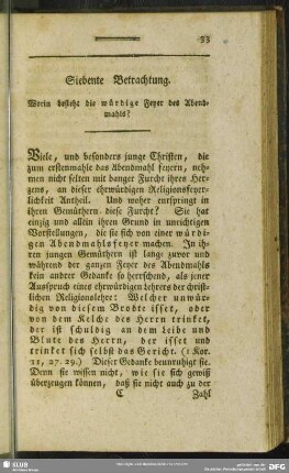 Siebente Betrachtung. Worin besteht die würdige Feyer des Abendmahls?
