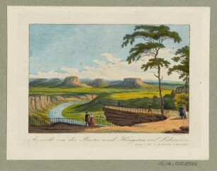 Ansicht von der Bastei in der Sächsischen Schweiz, Radierung, 1840 : Aussicht von der Bastei nach Königstein und Lielienstein / Peschek sc. - Dresden : Otto u. Lehmann, [ca. 1840]. - 1 Kunstblatt : Radierung, farb. ; 10,3 x 7,0 cm