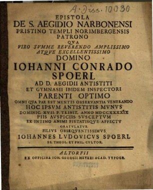 Epistola De S. Aegidio Narbonensi Pristino Templi Norimbergensis Patrono