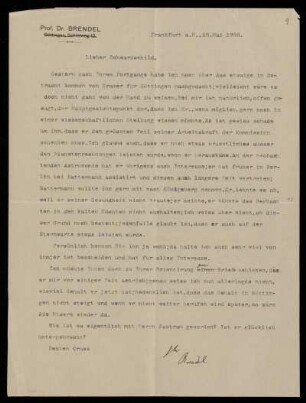 Nr. 9 Brief von Martin Brendel an Karl Schwarzschild. Frankfurt am Main, 18.5.1908