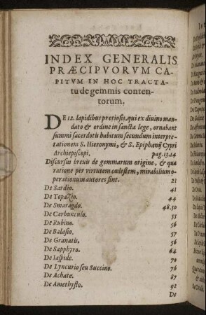 Index Generalis Praecipurum Capitum In Hoc Tractatu de gemmis contentorum.