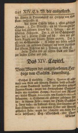 Das XIV. Capitel. Vom Wapen der ausgestorbenen Hertzoge von Sachsen-Lauenburg