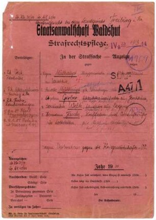 Angeklagte: Mülhaupt, Eugen (Metzgermeister); Waldshut, *14.09.1911 in Waldshut; + ? Gerber, Stephan (Schlachthausaufseher); Waldshut, *30.12.1897 in Forchheim; + ? Welte, Dominikus (Landwirt); Dogern, *15.07.1903 in Dogern; + ? Fässle, Hermann (Kraftfahrer); Lottstetten, *24.09.1888 in Lottstetten; + ? Delikt: Verbrechen gegen die Kriegswirtschaftsverordnung Tatort: Waldshut Tatzeit: Juni 1940-April 1943