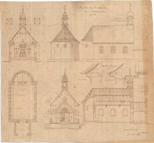 Thiersch, August ; Nordheim; Kapelle - Grundriss, Teilgrundrisse, Ansichten, Schnitte