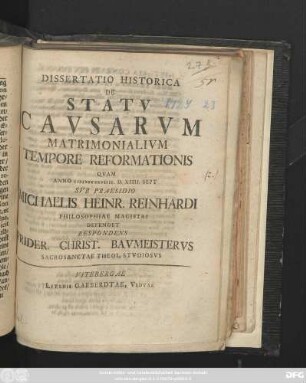 Dissertatio Historica De Statv Cavsarvm Matrimonialivm Tempore Reformationis