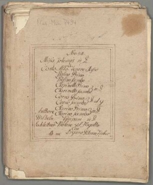 Masses, V (4), Coro, orch, org, D-Dur - BSB Mus.ms. 7494 : [dust cover title, by Huber:] Nro 34 // Missa solemnis in D // à // Canto. Alto. Tenore. Basso // Violino Primo // Violino secundo // Clarinetto Primo // [brace:] in D // Clarinetto secundo // Corno Primo // [brace:] D et G // Corno secundo // Clarino Primo // [brace:] in D // Clarino secundo // Tympani in D // Violone vel Fagotto // con // Organo // Ad me Petrum Huber [left side:] Authore // Wilhelm // Lechleitner