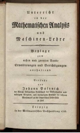 Beilage: Unterricht in der Mathematischen Analysis und Maschinen-Lehre. Beylage
