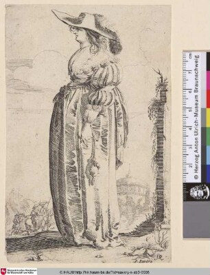 [Wohlhabend gekleidete Frau im linken Profil; Richly attired woman in left profile. Domed building in right distance]