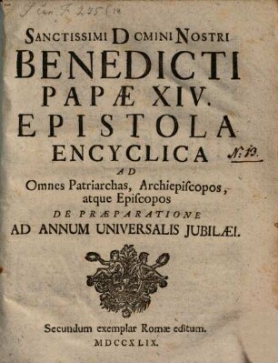 Epistola encyclica ad omnes Patriarchos ... de praeparatione ad Annum jubilaei universalis : "Apostolica constitutio"