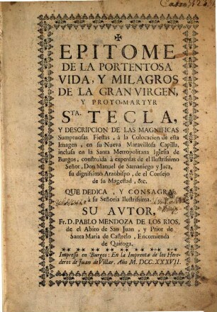 Epitome de la portentosa Vida y Milagros de la Gran Virgen y Protomartyr Santa Tecla